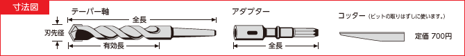 テーパー軸ドリルビット　寸法図